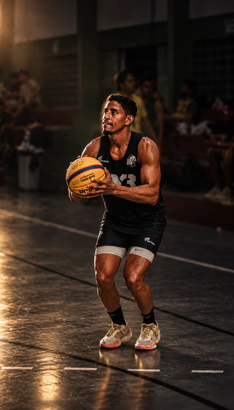 Atleta Bruno do BPA 3x3 segurando a bola em posição de arremesso
